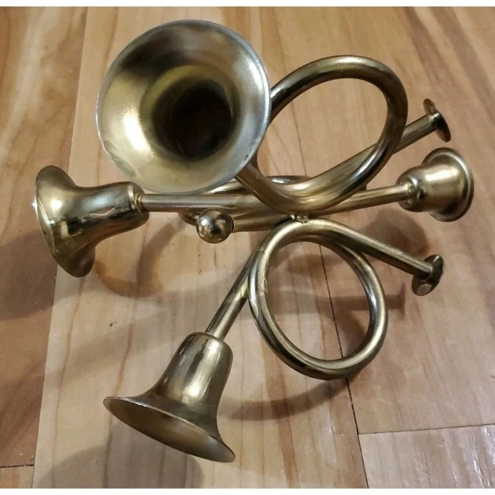 Tripple French Horn Brass‎ Taper Candle Holder Thanksgiving Christmas Holiday
